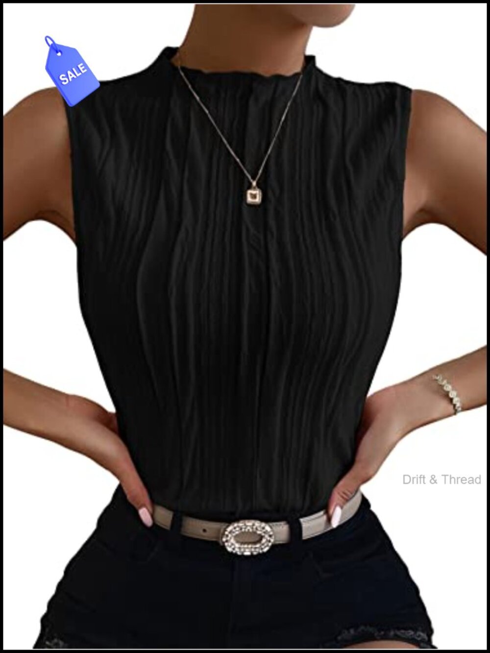 Mock Neck Textured Tank Top Sleeveless Business Office Outfit